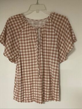 LOFT Tan and White Gingham Tie-Front Short Sleeve Blouse